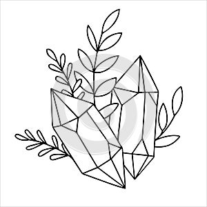 Vector line drawing, graphic. mystical, magic esoteric composition. crystal and leaves. celestial